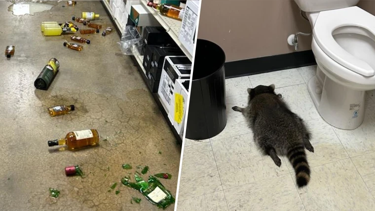 	Raccoon found passed out in liquor store after drunken rampage	